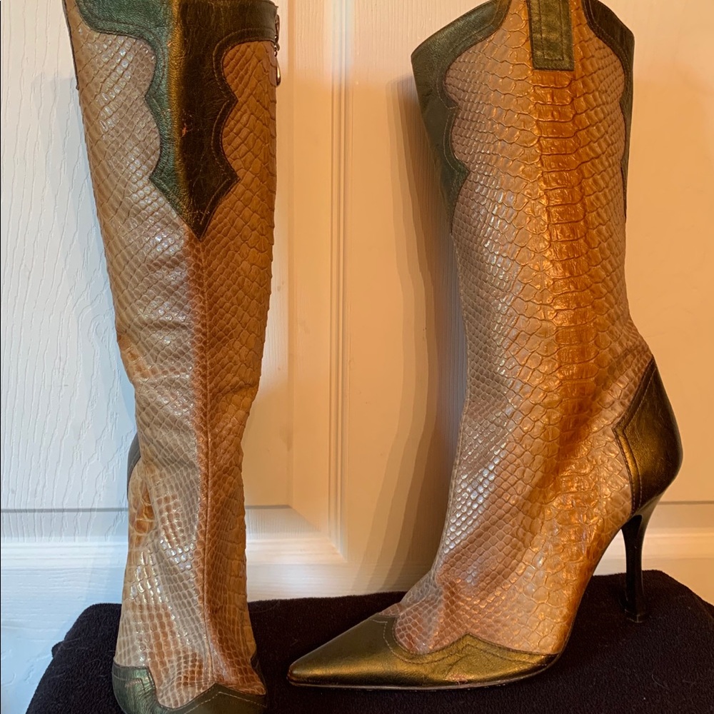 Leather metallic snake boots